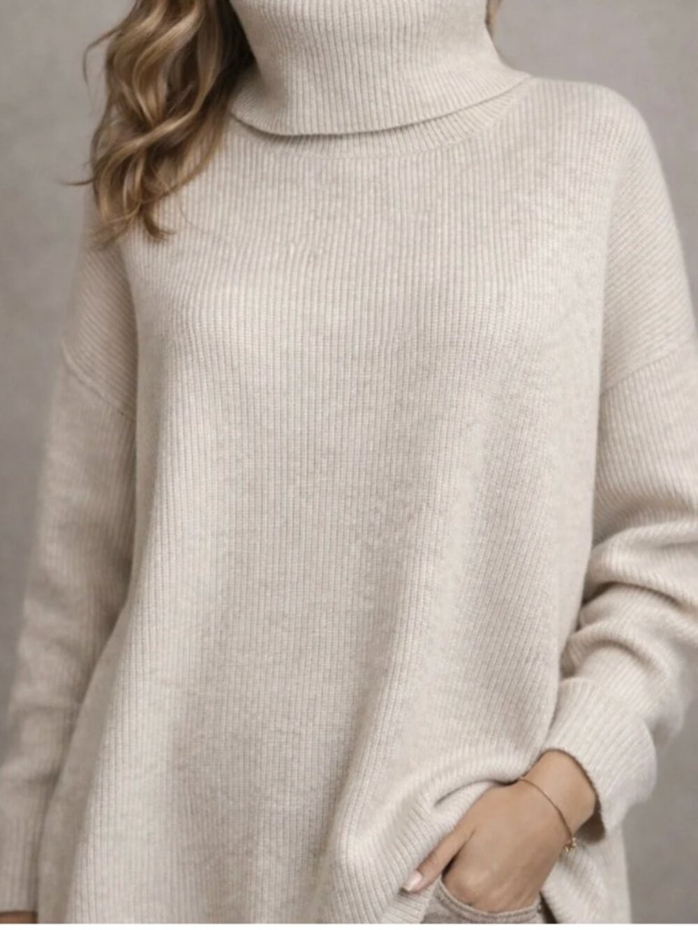 Free People Oversized Ribbed Turtleneck Tunic Sweater Oatmeal Ivory- S